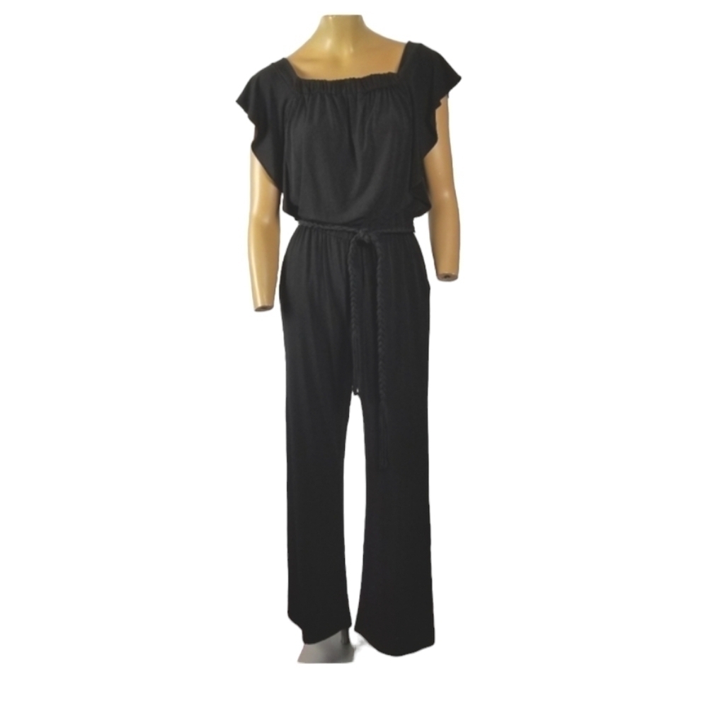 Calvin Klein Womens Square Neck Jumpsuit Size XS Slinky Stretch Black Wide Leg